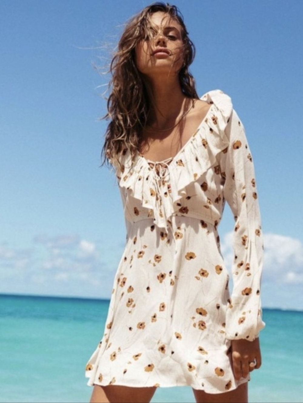 Billabong Women's Take Away Floral Ruffle Balloon Sleeve Dress Size M